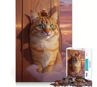 Puzzle de 1000 pièces représentant un chat orange regardant à travers une porte en bois, idéal pour les adolescents Jeu de réflexion, détente et bien-être Découpe de qualité Cadeau de saison (38x52cm)