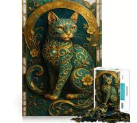 Puzzle de 1000 pièces représentant Un Chat orné de Bleu Sarcelle et d'or, idéal pour Adultes Stimule la mémoire, Passe-Temps à la Maison, Bords Nets, Cadeau élégant (38x52cm)