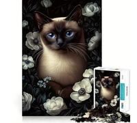 Puzzle de 1000 pièces représentant Un Chat Siamois avec des Fleurs Blanches, idéal pour Les Adolescents Détente et Relaxation garanties 38x26cm