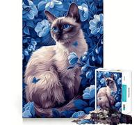 Puzzle de 1000 pièces représentant Un Chat Siamois dans des Fleurs Bleues, idéal pour Les Adolescents Jeu de logique Fine, Passe-Temps Calme, pièce de Collection aux Bords Nets 50x75cm