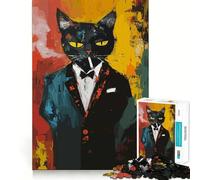 Puzzle de 1000 pièces représentant Un Chat sophistiqué fumant Une Cigarette, idéal pour Adultes Améliore la mémoire, détend l'esprit et Offre Un Cadeau élégant aux Bords Nets (38x26cm)