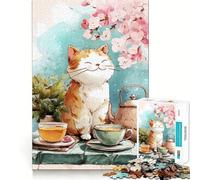 Puzzle de 1000 pièces représentant un chat souriant avec du thé et des fleurs de cerisier idéal pour les adolescents Jeu d'exercice mental à faire à la maison découpe de précision et décoration murale