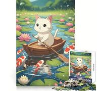 Puzzle de 1000 pièces représentant Un Chat,Une Barque et des carpes koï,idéal pour Les Adolescents Exercice Mental,détente et Divertissement Un Cadeau Parfait pour Les fêtes ! (38x52cm)