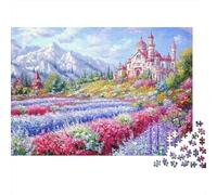 Puzzle de 1000 pièces représentant Un château Rose avec Un Champ de Fleurs, Un Paysage de Jardin. Jeu éducatif pour Adultes. Décoration Magnifique. Niveau de difficulté. Dimensions : 70 x 50 cm.