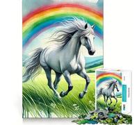 Puzzle de 1000 pièces représentant Un Cheval Blanc Courant à Travers Un Arc-en-Ciel Jeu de réflexion créatif Découpe Nette Composants Robustes Idéal pour Les Voyages (38x52cm)