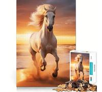 Puzzle de 1000 pièces représentant Un Cheval Blanc Courant sur la Plage Jeu de Construction Focus Ajustement Parfait Activité gratifiante pour Les Jours de Pluie (50x75cm)