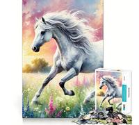 Puzzle de 1000 pièces représentant Un Cheval Blanc galopant dans Un Champ,idéal pour Les Adultes et Stimulant la réflexion Format Standard,pièces précises,Format Voyage,Cadeau Parfait pour Les Jeux
