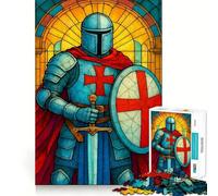 Puzzle de 1000 pièces représentant Un Chevalier en vitrail avec épée et Bouclier, idéal pour Adultes Jeu de logique Pure, Anti-Stress, découpe Nette, Cadeau de Noël 38x52cm