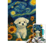 Puzzle de 1000 pièces représentant Un Chien dans Un Champ de tournesols et Une Nuit étoilée Jeu de détente Assemblage de Motifs Cadeau Unique pour Un Anniversaire ou Noël (Taille 50x75cm)