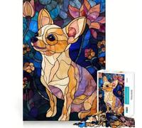 Puzzle de 1000 pièces représentant Un Chihuahua en vitrail sur Fond Floral, idéal pour Adultes et Adolescents Jeu cognitif et ludique, Motif à Assembler, Cadeau Festif 38x52cm