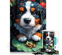 Puzzle de 1000 pièces représentant Un Chiot et Une Grenouille sur Un nénuphar idéal pour Les Adultes Jeu de réflexion et de Concentration à Domicile Cadeau Parfait de Fin d'année 38x52cm