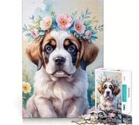 Puzzle de 1000 pièces représentant Un Chiot Saint-Bernard avec Une Couronne de Fleurs l'aquarelle pour Adolescents Jeu de logique Fine Divertissement Relaxant décoration Murale aux Bords Nets