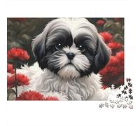 Puzzle de 1000 pièces représentant Un Chiot Shih Tzu dans Un Champ de Fleurs Rouges. Jeu éducatif pour Adultes, décoration intérieure, défi stimulantDimensions : 70 x 50 cm