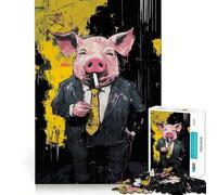 Puzzle de 1000 pièces représentant Un Cochon en Costume fumant Une Cigarette, idéal pour Les Adolescents Un Casse-tête Relaxant et Amusant à Assembler, Un Cadeau touchant (50x75cm)
