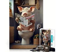 Puzzle de 1000 pièces représentant Un Cochon lisant Le Journal aux Toilettes, idéal pour Les Adultes, pour stimuler la mémoire, se divertir à la Maison et décorer Un Mur (50x75cm)