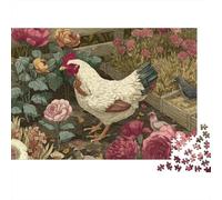 Puzzle de 1000 pièces représentant Un Coq et Une Poule Blanche Parmi des Roses Rouges. Jeu éducatif pour Adultes, décoration intérieure, Cadeau d'anniversaire. Dimensions : 70 x 50 cm.