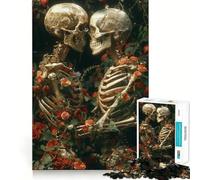 Puzzle de 1000 pièces représentant Un Couple de squelettes dans des Fleurs, idéal pour Les Adolescents Activité stimulante à Domicile, Bords précis, Cadeau Festif 38x26cm