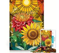 Puzzle de 1000 pièces représentant Un Dahlia et Un Tournesol en vitrail avec des pétales superposés idéal pour Les Adolescents Jeu de logique Stimulant activité à la Maison Bords Transparents Cadeau
