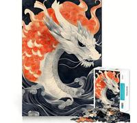 Puzzle de 1000 pièces représentant Un Dragon Blanc dans Les Vagues,Paysage Japonais,pour Adultes Jeu de mémoire,Assemblage précis,sans espaces,activité apaisante pour la détente mentale (38x52cm)