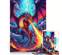 Puzzle de 1000 pièces représentant Un Dragon crachant du feu en vitrail, idéal pour Les Adolescents Jeu de réflexion Stimulant à Faire à la Maison Cadeau de Noël de qualité supérieure 38x52cm