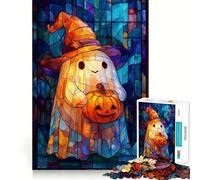 Puzzle de 1000 pièces représentant Un fantôme et Un Sorcier d'halloween en vitrail avec Une Citrouille pour Adultes Stimule la mémoire Passe Un Moment agréable et Offre Une Belle œuvre d'art