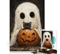 Puzzle de 1000 pièces représentant Un fantôme Mignon et Effrayant, Un Chat Noir et Une Citrouille, idéal pour Les Adolescents Jeu de réflexion Simple et Amusant, à Assembler Cadeau mémorable 38x26cm
