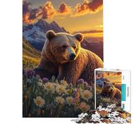 Puzzle de 1000 pièces représentant Un Grizzly dans des Fleurs Sauvages au Coucher du Soleil Puzzle pour Adolescents Niveau de difficulté élevé Chaque pièce est Unique Jeu éducatif (50x75cm)