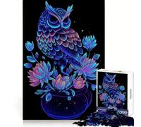 Puzzle de 1000 pièces représentant Un Hibou néon et Une Fleur de Lotus, idéal pour Adultes Jeu de logique Stimulant, Anti-Stress, Bords Nets, Cadeau attentionné (38x52cm)