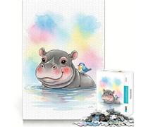 Puzzle de 1000 pièces représentant Un Hippopotame à l'aquarelle et Un Oiseau Activité ludique et stimulante pour renforcer Les Liens familiaux (38x52cm)