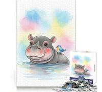 Puzzle de 1000 pièces représentant Un Hippopotame à l'aquarelle et Un Oiseau, idéal pour Les Adultes Défi Mental, activité sereine, Assemblage sans Couture, Cadeau de Noël (38x26cm)