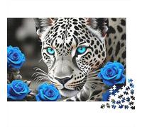 Puzzle de 1000 pièces représentant Un léopard aux Yeux Bleus et Une Rose Bleue. Jeu éducatif pour Adultes. Décoration élégante et stimulante. Anniversaire. Dimensions : 70 x 50 cm.