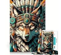 Puzzle de 1000 pièces représentant Un Loup amérindien coiffé d'une Parure, idéal pour Adultes Jeu de logique et de détente aux Bords Lisses Cadeau Original (38x52cm)