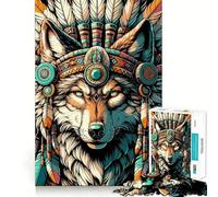 Puzzle de 1000 pièces représentant Un Loup amérindien coiffé d'une Parure, idéal pour Les Adolescents Un Casse-tête Relaxant et Artistique à Assembler, Un Cadeau de qualité supérieure (50x75cm)