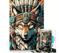 Puzzle de 1000 pièces représentant Un Loup amérindien coiffé d'une Parure, idéal pour Les Adolescents Un Cadeau Classique, Parfait pour développer sa mémoire et se détendre (38x26cm)