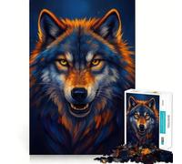 Puzzle de 1000 pièces représentant un loup au regard fixe à la fourrure bleue et orange idéal pour les adolescents Jeu de réflexion amusant et décontracté à assembler avec style Cadeau élégant 38x26cm