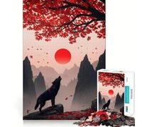 Puzzle de 1000 pièces représentant Un Loup Hurlant sous Un Soleil Rouge et Un Arbre,idéal pour Les Adolescents Découpe Laser pour Un Assemblage Parfait et Un Exercice Mental Calme à Faire à la Maison
