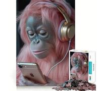 Puzzle de 1000 pièces représentant Un Orang-outan à Cheveux Roses avec Casque Audio, idéal pour Adultes Un Puzzle Relaxant et apaisant, Un Cadeau Unique (38x26cm)