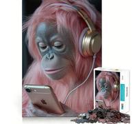Puzzle de 1000 pièces représentant Un Orang-outan aux Cheveux Roses et Portant Un Casque Audio, idéal pour Les Adolescents Un Casse-tête Relaxant et Amusant à Assembler, Un Cadeau touchant (50x75cm)