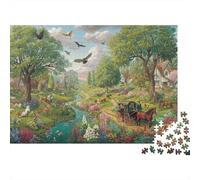 Puzzle de 1000 pièces représentant Un Paysage champêtre, Une Prairie avec des Oiseaux en vol. Jeu éducatif pour Adultes. Décoration élégante .Idéal comme Cadeau d'anniversaire. 38 x 26 cm.