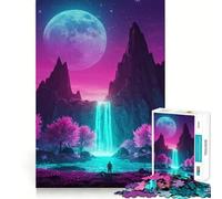 Puzzle de 1000 pièces représentant Un Paysage de Cascade néon avec des Arbres Roses (50x75cm) pour Adultes Jeu de logique Stimulant, Anti-Stress, Bords Nets