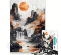 Puzzle de 1000 pièces représentant Un Paysage de Montagne avec Soleil Orange et Cascade idéal pour Les Adolescents Stimulant la réflexion et offrant Un Cadeau mémorable et des Moments de Joie