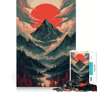 Puzzle de 1000 pièces représentant Un Paysage de Montagne en Pixel Art avec Un Soleil Rouge, idéal pour Les Adolescents Décoration Murale apaisante et Amusante aux découpes nettes (38x52cm)