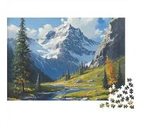 Puzzle de 1000 pièces représentant Un Paysage de Montagne enneigée, Une rivière et Une Prairie. Jeu éducatif pour Adultes, décoration élégante Idéal comme Dimensions : 52 x 38 cm.