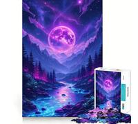 Puzzle de 1000 pièces représentant Un Paysage de rivière et de Montagne au Clair de Lune néon, idéal pour Les Adolescents Jeu de logique, Joie familiale, découpe de précision, Cadeau Exquis (38x52cm)