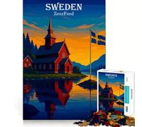 Puzzle de 1000 pièces représentant Un Paysage suédois avec église et Drapeau, idéal pour Les Adolescents améliore la mémoire, se détend et s’Amuse Un Cadeau Unique aux Bords Nets 50x75cm