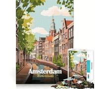 Puzzle de 1000 pièces représentant Un Paysage Urbain d'Amsterdam,aux Pays-Bas,avec des canaux Illustration,Finitions soignées,Casse-tête logique,Jeu de Loisirs,Cadeau d'anniversaire Amusant (38x26cm)