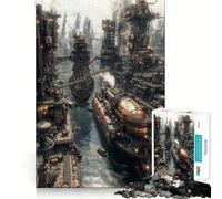 Puzzle de 1000 pièces représentant Un Paysage Urbain Industriel Steampunk avec des navires idéal pour Les Adolescents Jeu de logique Fine Passe-Temps Calme pièce de Collection aux Bords Nets 38x26cm