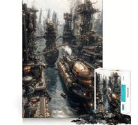 Puzzle de 1000 pièces représentant Un Paysage Urbain Industriel Steampunk avec des navires, idéal pour Les Adolescents Jeu de logique et de Loisirs, Bords Fins, Cadeau Original 50x75cm