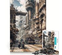 Puzzle de 1000 pièces représentant Un Paysage Urbain Steampunk avec Trains et Personnages, idéal pour Adultes, pour stimuler la mémoire et Partager des Moments de Joie en Famille 38x52cm