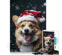 Puzzle de 1000 pièces représentant Un Pembroke Welsh Corgi et Un Bonnet de Père Noël (38x26cm) pour Adultes Amélioration de la mémoire et Loisirs Décoration Murale Découpe Nette